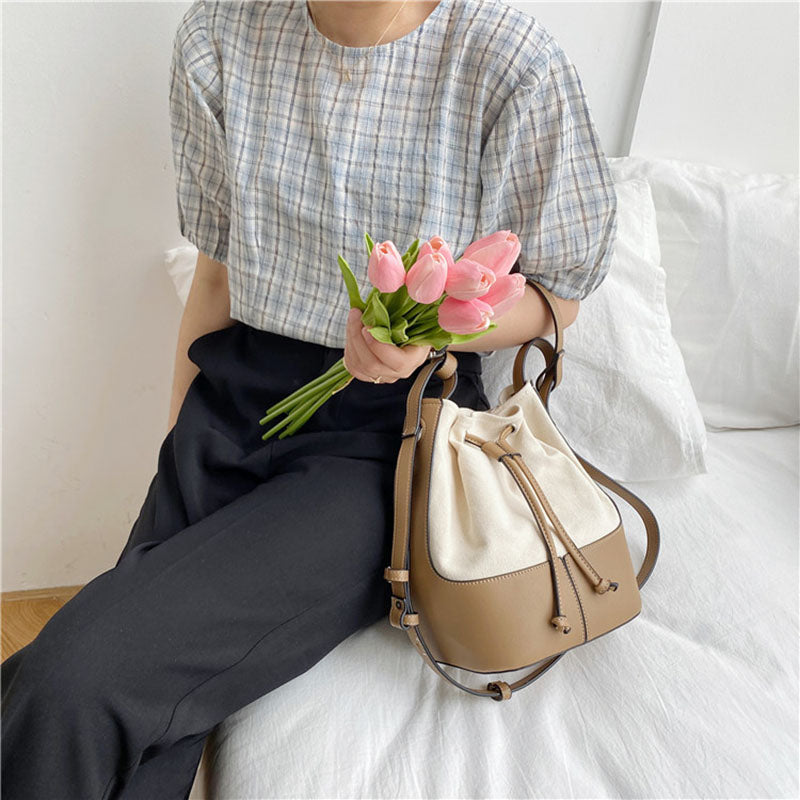 IELGY Korean version Diagonal Portable Fashion Bucket Canvas Women's bag One-shoulder All-match Stitching