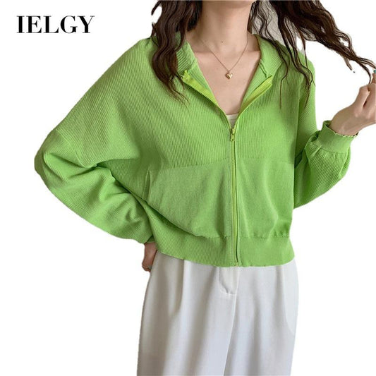 IELGY Fashion Hooded Sunscreen Zipper Breathable Thin Top Women Knitted Cardigan Long Sleeve