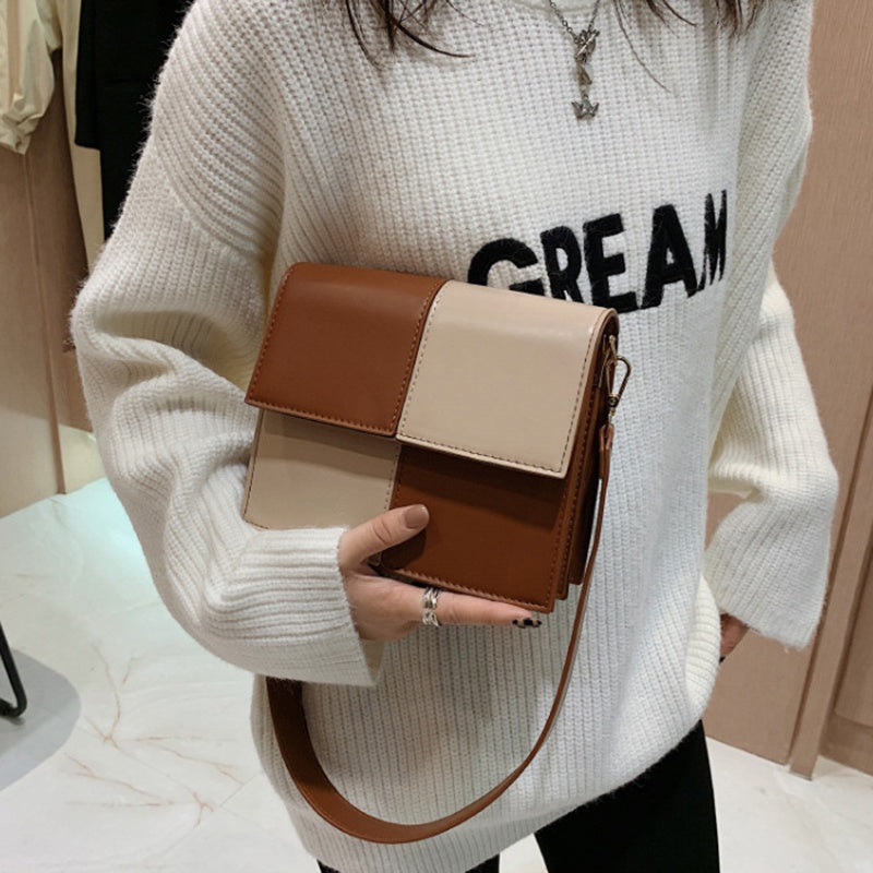 IELGY fashion Korean color matching casual retro double shoulder strap diagonal female bag