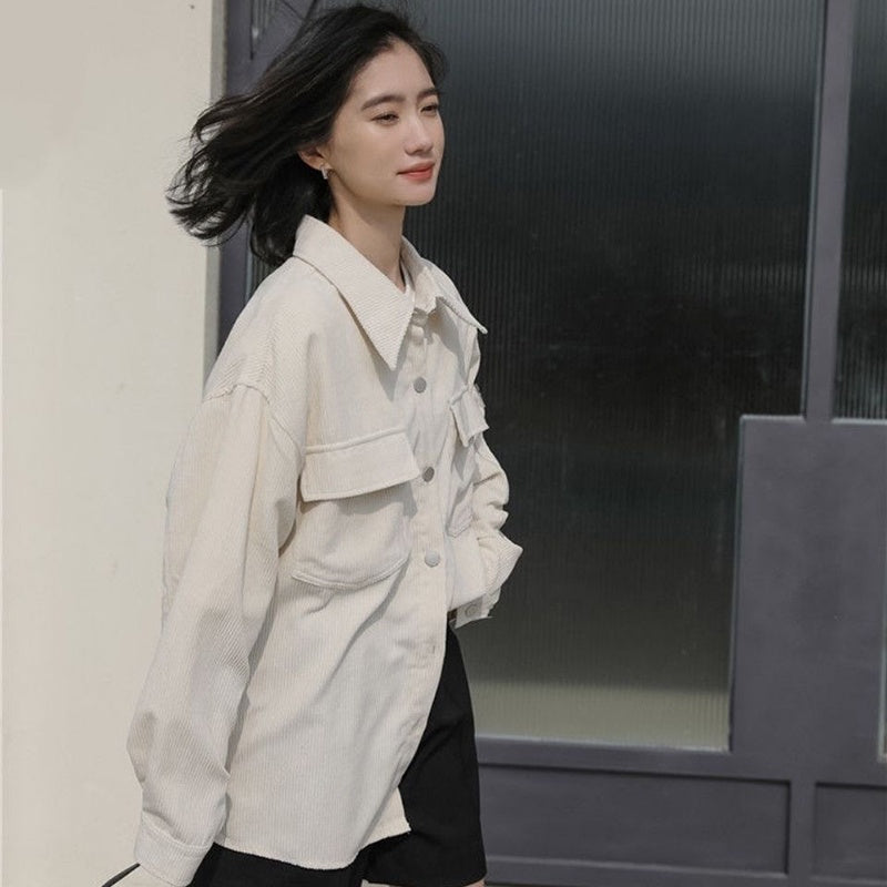 IELGY Corduroy Jacket Women's Trendy All-match Long Sleeve Fashion POLO Collar Top