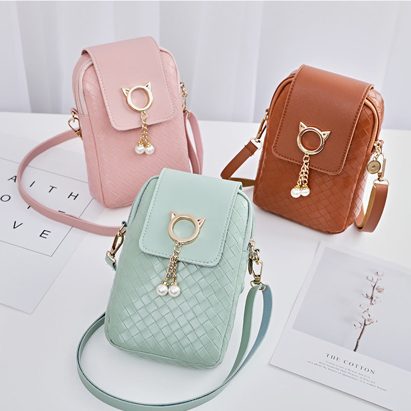 IELGY Cover type Tassel Mobile phone Woven Pearl Korean version Woman's bag Black One shoulder Diagonal