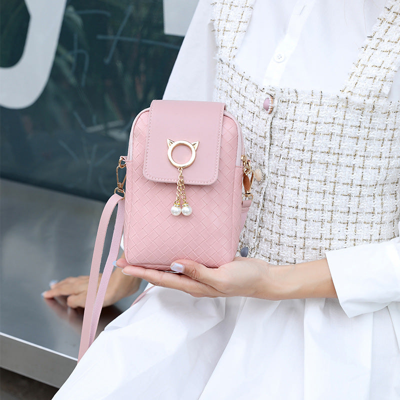IELGY Cover type Tassel Mobile phone Woven Pearl Korean version Woman's bag Black One shoulder Diagonal