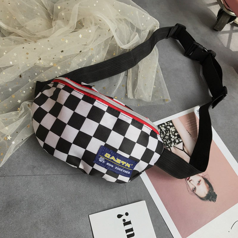 IELGY Black and white lattice fashion sports chest pockets small bag