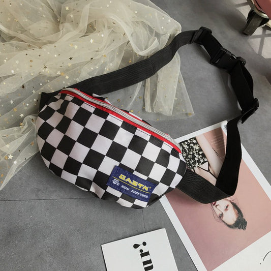 IELGY Black and white lattice fashion sports chest pockets small bag