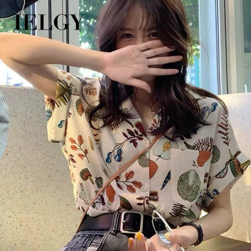 IELGY summer retro picnic print shirt blouse design loose temperament short-sleeved shirt