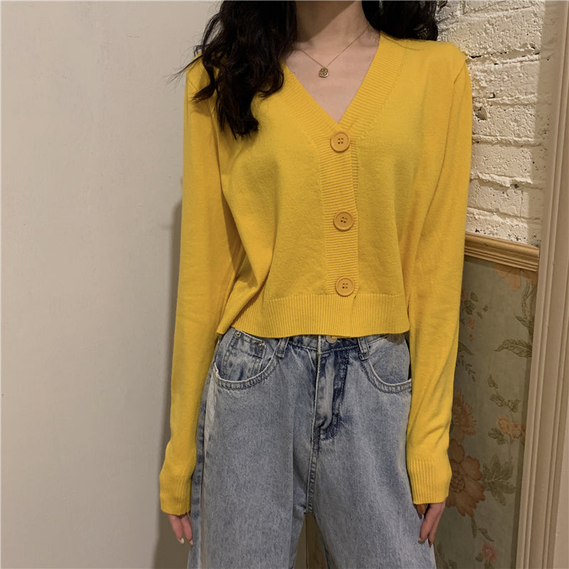 IELGY Women's clothes Jacket Simple Short Thin Knitted sweater Top Black V-neck Long-sleeved