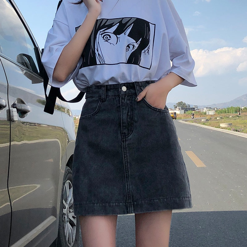 IELGY small denim slim short skirt A-line high waist bag hip slim fashion skirt