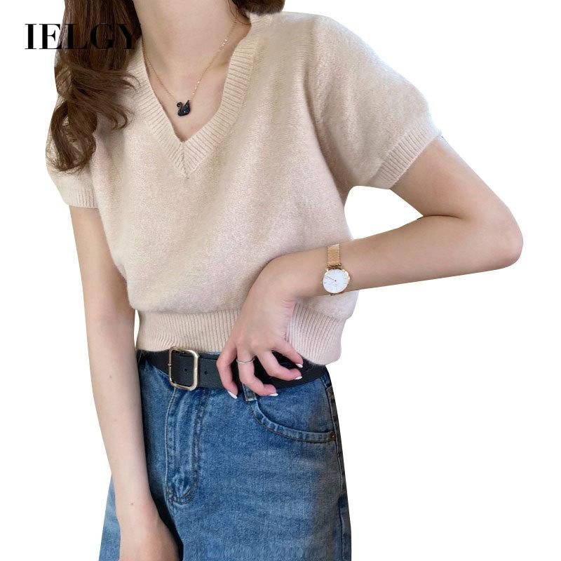 IELGY knitted short-sleeved T-shirt women summer new loose and thin short V-neck top T-shirt