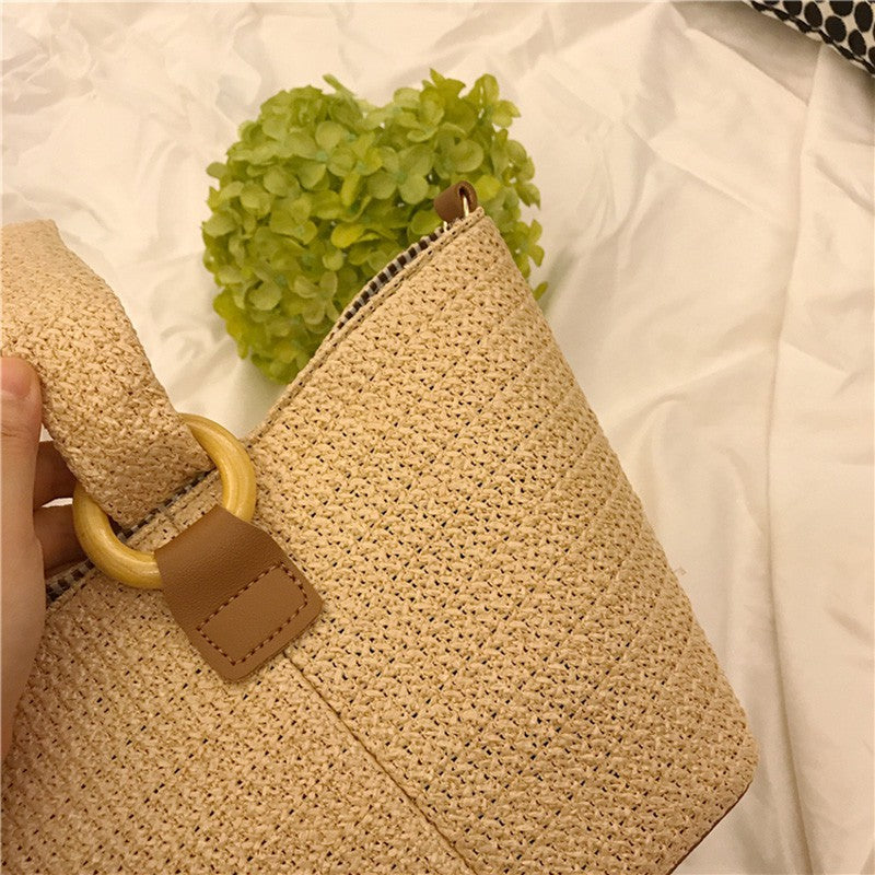 IELGY Ring buckle cute woven basket hand bag small square straw bag