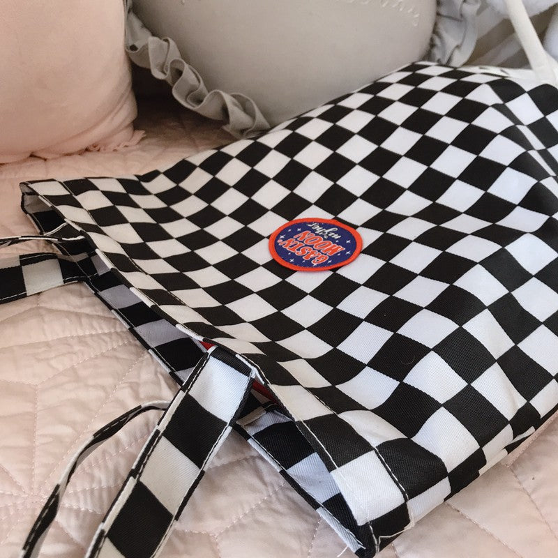 IELGY canvas bag handbag retro ins the same paragraph checkerboard shoulder bag