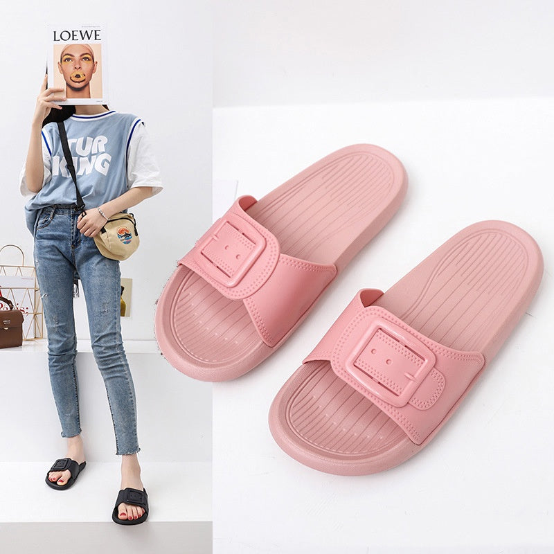 IELGY simple and cute square buckle women's slippers home beach non-slip