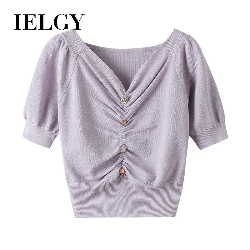 IELGY Retro V-neck knitted waist puff sleeve short top