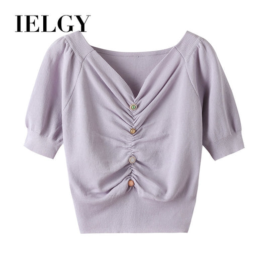 IELGY Retro V-neck knitted waist puff sleeve short top