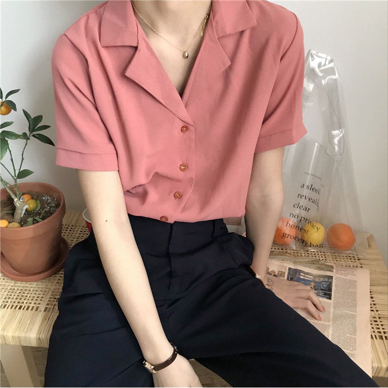 IELGY Women's Shirt Korean Temperament Chiffon Short Sleeve Loose Top