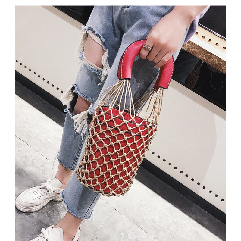 IELGY Fishing net bucket bag hand-woven rope grid hand bag