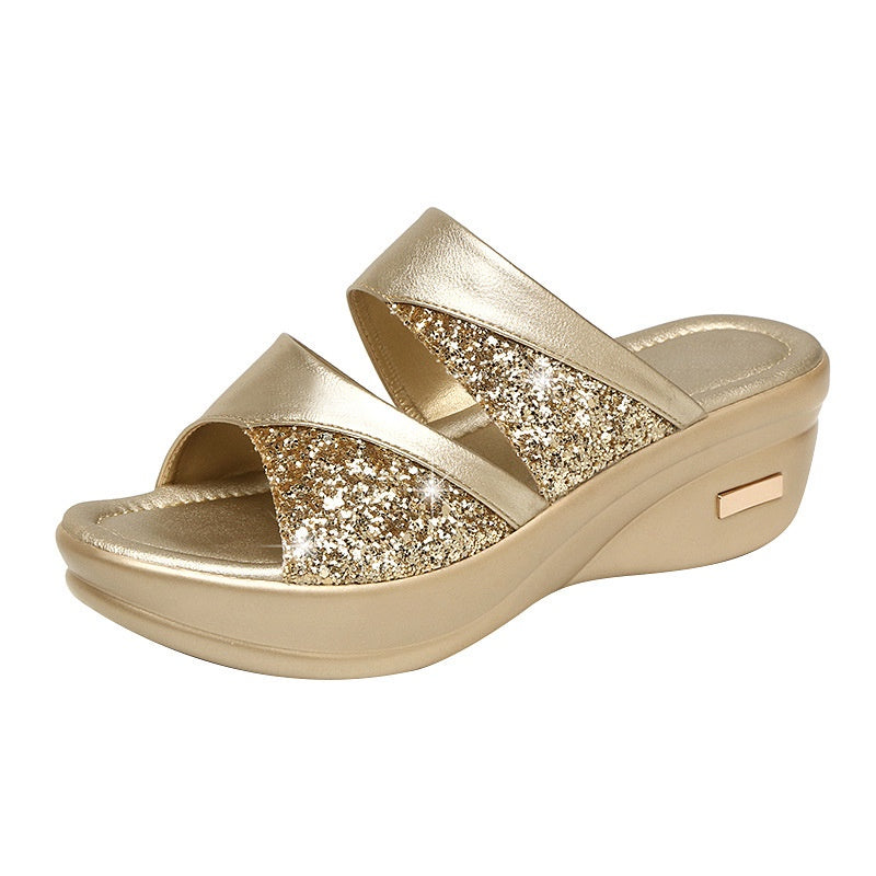 IELGY Breathable Wedge Slippers Sequins Lightweight Fish Mouth Fashion Plus Size Women