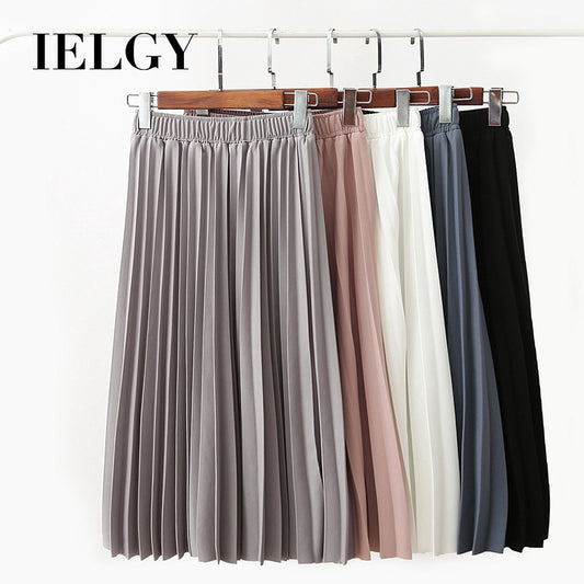 IELGY Temperament pleated skirt mid-length skirt elastic waist solid color wild skirt