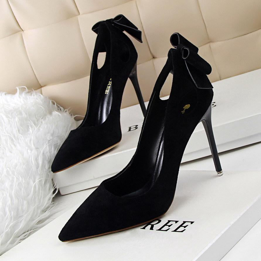IELGY Suede High Heels Sweet 10.5cm Slim Heel Shallow Mouth Pierced Fashion Bow Women's Shoes