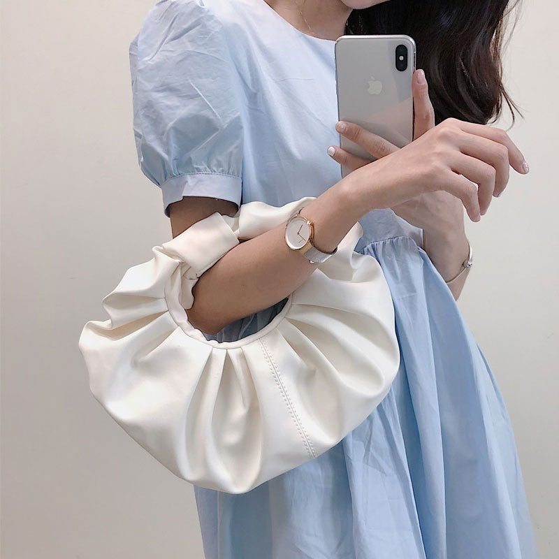 IELGY Folded Cloud Small Bag Leisure Soft Face Handbag Round Crossbody White/Yellow 2 Colors Available Soft Leather Spot Handbag/Crossbody Bag