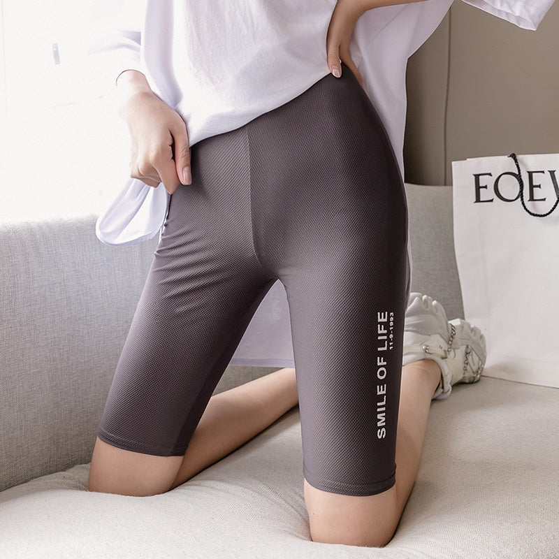 IELGY new ice silk plaid letter large size tight shorts sports yoga riding five pants women