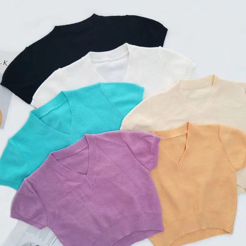IELGY knitted short-sleeved T-shirt women summer new loose and thin short V-neck top T-shirt