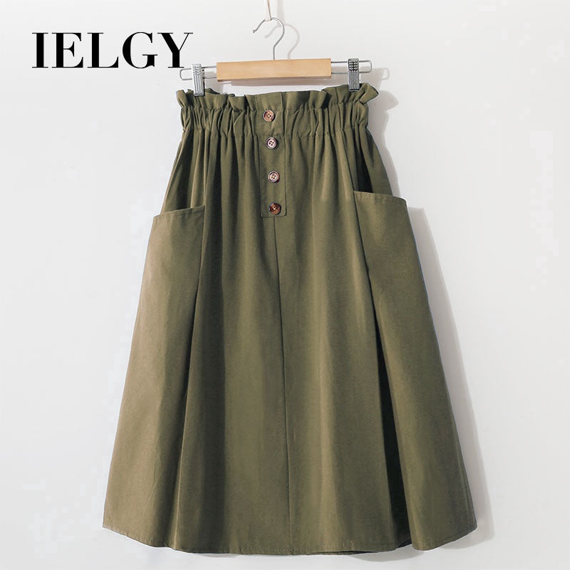IELGY Solid color high waist literary style A-line skirt