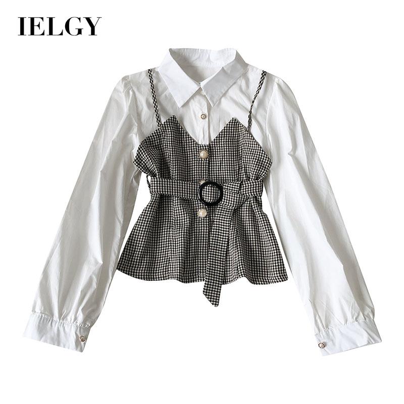 IELGY Lapel Commuter Women's shirt Check Slim fit Autumn Contrast color Fake two-piece Fashion