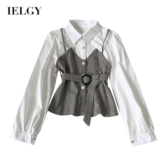IELGY Lapel Commuter Women's shirt Check Slim fit Autumn Contrast color Fake two-piece Fashion