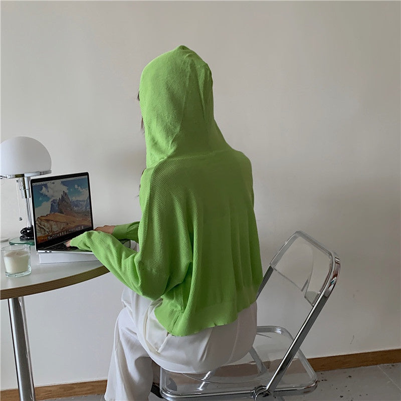 IELGY Fashion Hooded Sunscreen Zipper Breathable Thin Top Women Knitted Cardigan Long Sleeve