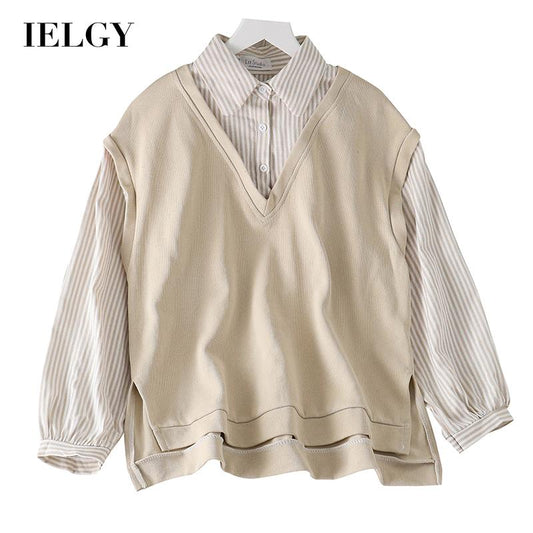 IELGY Women's clothes cream versatile fake two stitching long sleeves loose stripes sweater fashionable