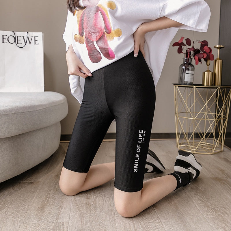 IELGY new ice silk plaid letter large size tight shorts sports yoga riding five pants women