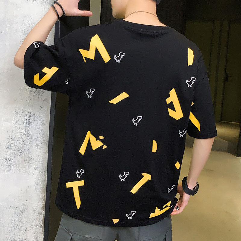 IELGY cotton black round neck half sleeves Short-sleeved T-shirt bottoming shirt comfortable breathable loose cartoon print man not easy to start
