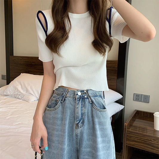 IELGY blue off-shoulder short-sleeved Korean style knitted bottoming fashion blouse women