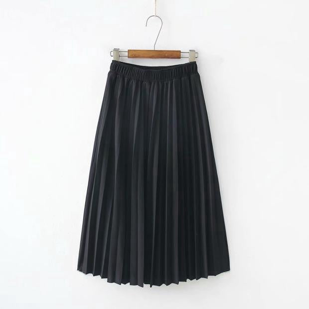 IELGY Temperament pleated skirt mid-length skirt elastic waist solid color wild skirt