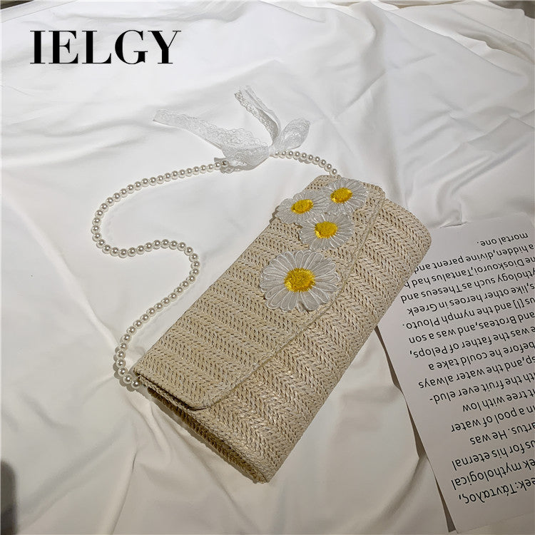 IELGY straw woven bag female fashion small daisy one shoulder messenger pearl chain bag