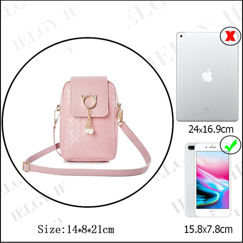 IELGY Cover type Tassel Mobile phone Woven Pearl Korean version Woman's bag Black One shoulder Diagonal