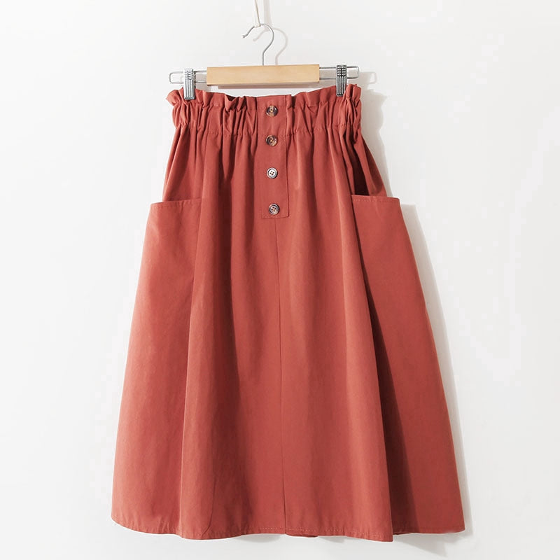 IELGY Solid color high waist literary style A-line skirt