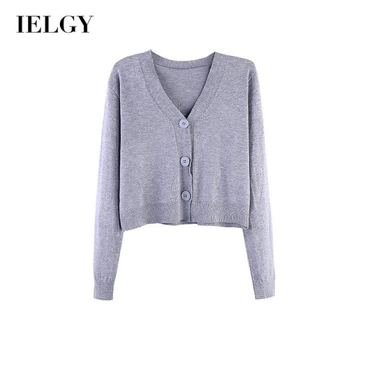 IELGY Women's clothes Jacket Simple Short Thin Knitted sweater Top Black V-neck Long-sleeved