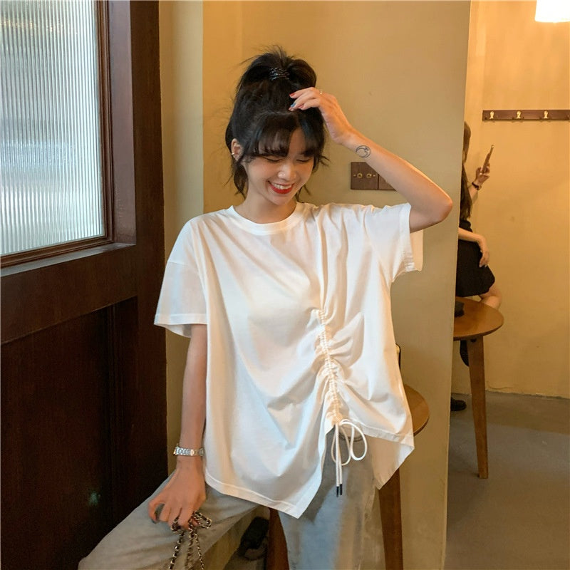 IELGY plus size women's summer drawstring irregular design sense loose short-sleeved t-shirt