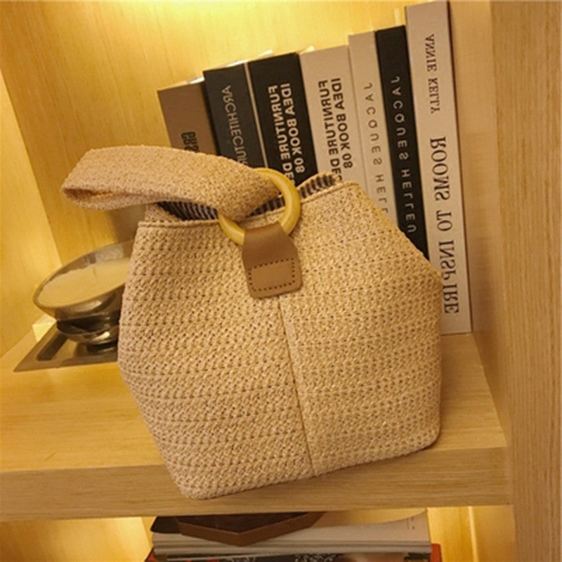 IELGY Ring buckle cute woven basket hand bag small square straw bag