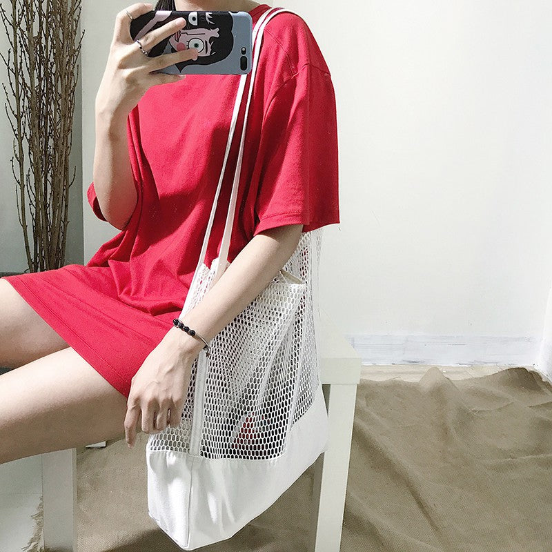 Grid handbag shopping bag hollow beach bag canvas net bag