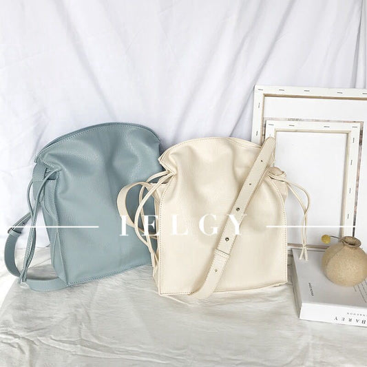 IELGY Solid color drawstring bucket bag shoulder bag big soft pu