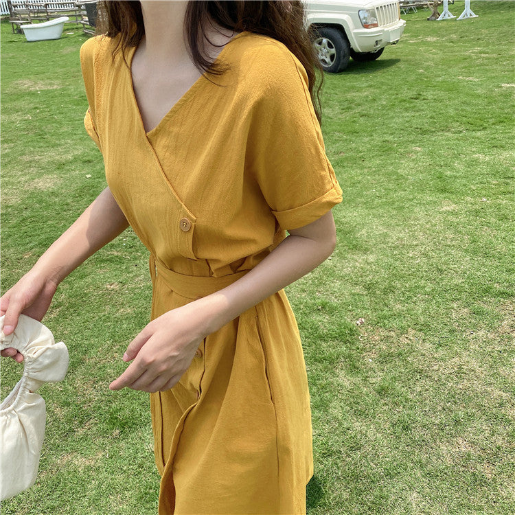 IELGY Women's clothes waist retro tie medium length fashion thin dress yellow all-match