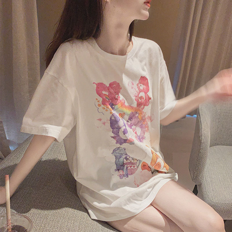 IELGY Women's clothes Blue Top Print Loose Short sleeve Bear T-shirt Casual Medium length