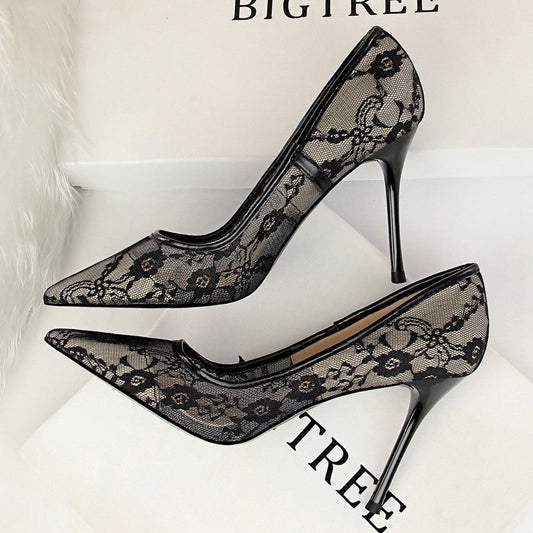 IELGY Sexy high-heeled women's shoes with stiletto pointed mesh cutout lace shoes