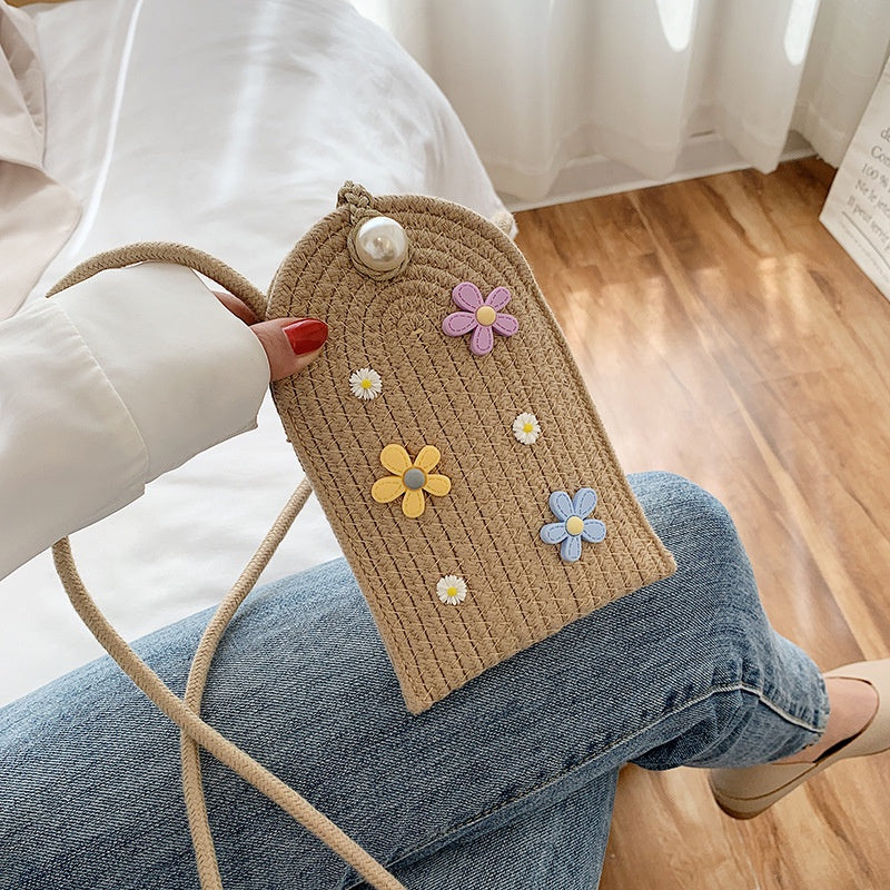 IELGY Customized summer straw weaving ins small flower weaving mobile phone diy handmade shoulder bag women