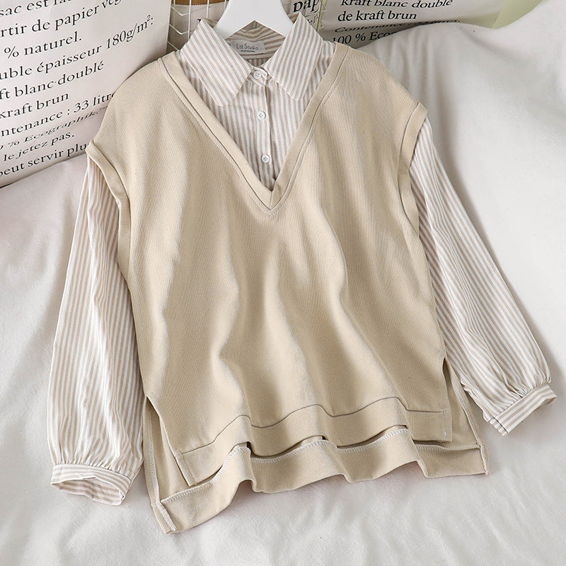 IELGY Women's clothes cream versatile fake two stitching long sleeves loose stripes sweater fashionable