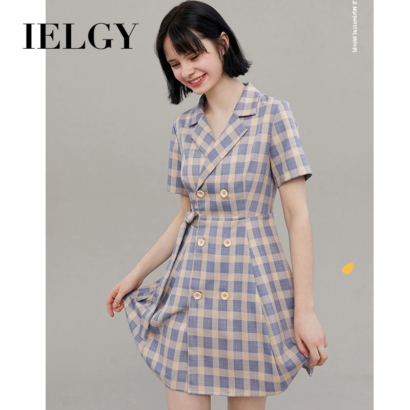 IELGY suit collar dress spring and summer Korean version of the waist slimming plaid skirt women