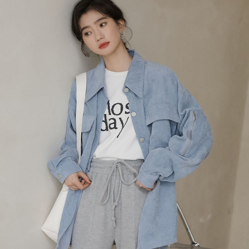 IELGY Corduroy Jacket Women's Trendy All-match Long Sleeve Fashion POLO Collar Top