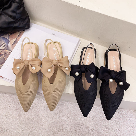 IELGY Baotou sandals female pointed thick heel with bowknot pearl fairy style